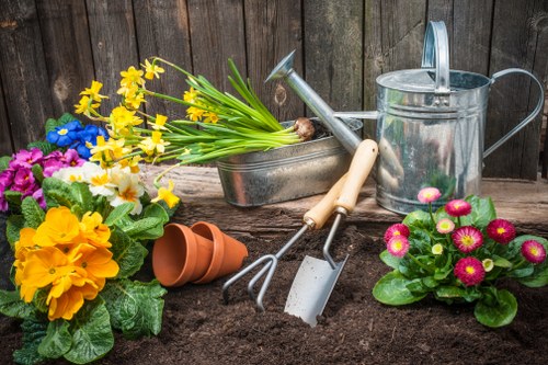A garden scene showing dark, moist soil prepared for planting, bordered by vibrant flowering plants including pink primroses and yellow primulas. In the background, weathered wooden fencing encloses the outdoor space, which features a variety of garden tools such as a metal watering can, a small hand rake, a hand trowel, and a gardening fork, all resting on or near the soil. There are terracotta plant pots stacked upside down, and bright yellow daffodil flowers with green leaves are placed in a metal container. The scene suggests active gardening work, with the tools and plants arranged for planting or maintenance, creating a lively and well-kept garden environment suitable for professional gardening services in Thornton Heath or surrounding areas.