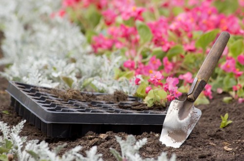 Segregated garden waste bins and recycling collection in suburban yard